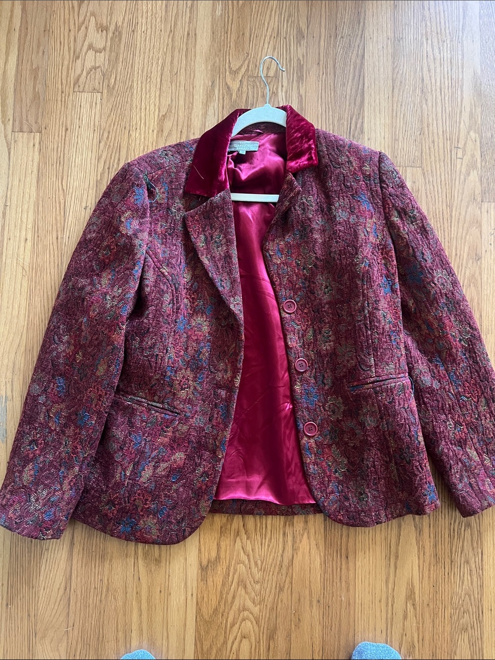 The Territory Ahead Burgundy Floral Tapestry Blazer